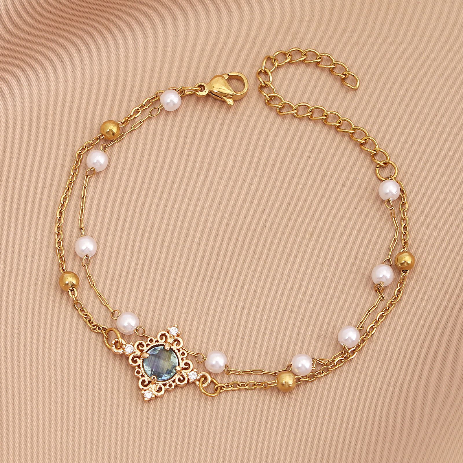Wholesale Simple Style Round Stainless Steel Imitation Pearl Handmade Inlay Zircon Bracelets